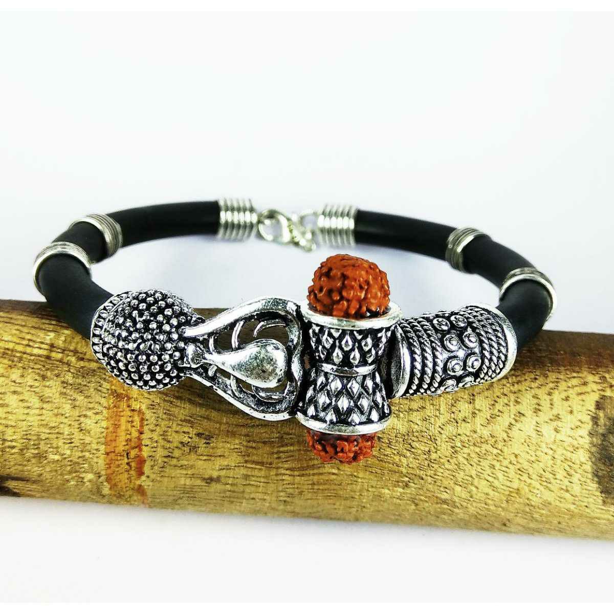 Expensive 925 Silver Black Leather Bahubali Gents Bracelet