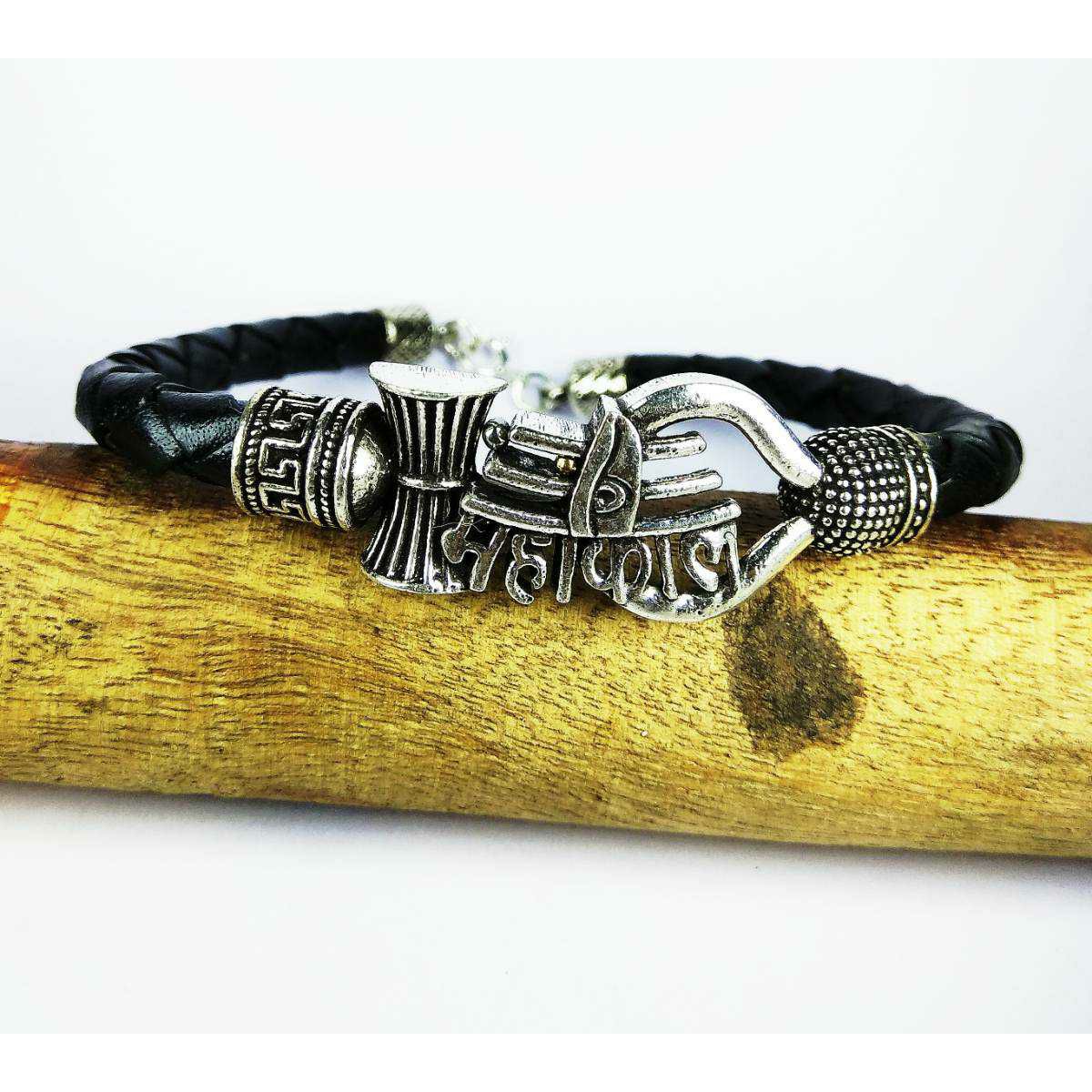 Fancy 925 Silver Mahakal Black Leather Gents Bracelet