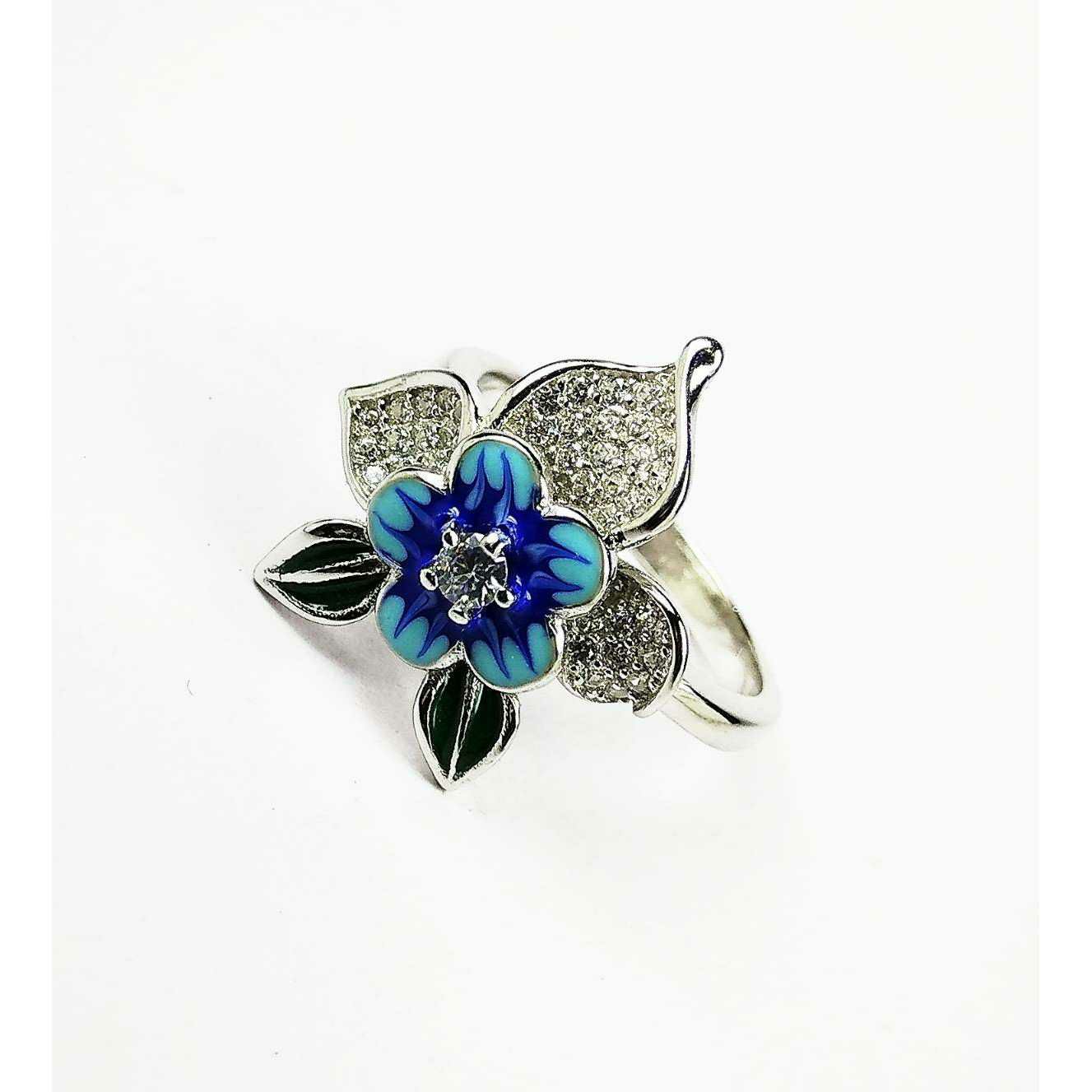 Designer 925 Silver Ladies Ring With Pretty Blue Flower