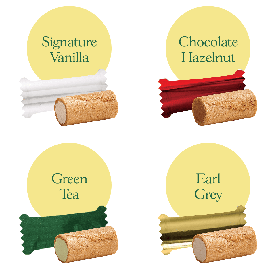 Four mini crêpe biscuits in Signature Vanilla, Chocolate Hazelnut, Green Tea, and Earl Grey flavors, each with distinctive colored wrappers
