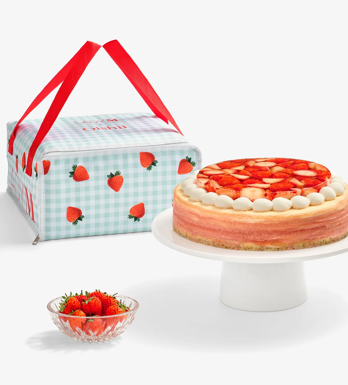 Oishii Berry Trois Mille Crêpes with branded Lady M x Oishii thermal bag