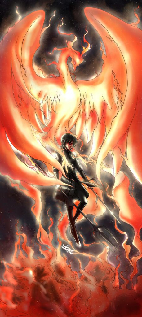 Fan Art of Fang Runin and the Phoenix God - A mesmerizing depiction of the main character and a Chinese mythology deity from R.F. Kuang's 'The Poppy War' by artist LOERRE
