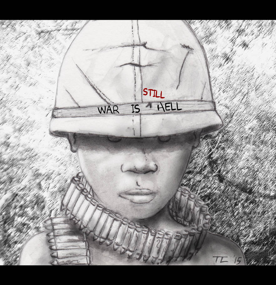 Sketch - An evocative black and white sketch of Agu from 'Beasts of No Nation,' with a powerful quote 'war is still hell,' by artist TopCat1984 on DeviantArt
