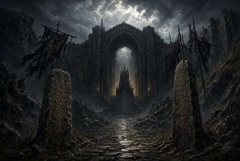 A broken mud-caked crown in the rain before a ruined arch