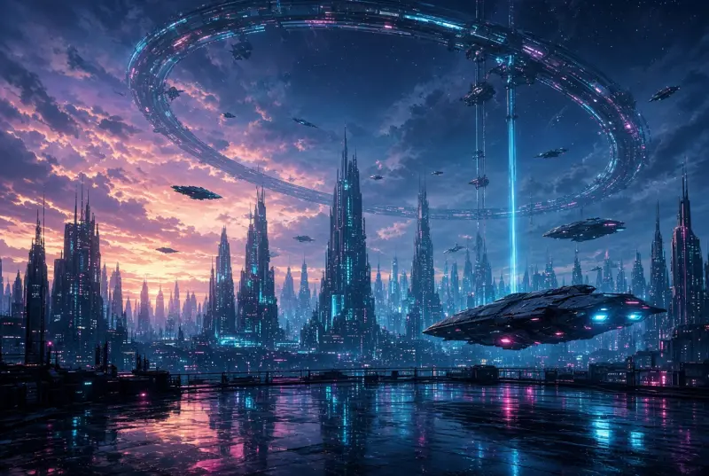 Starships over a future megacity at dusk