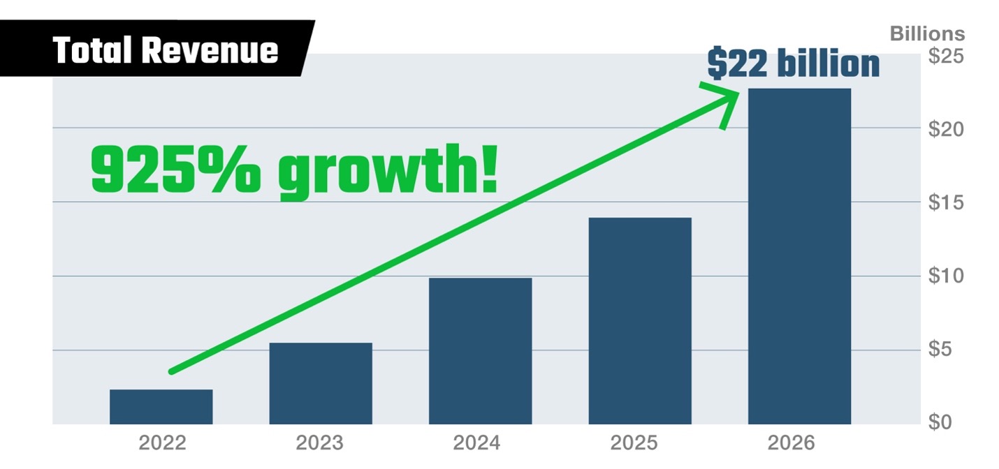 Chart of Total Revenue 925% Growth into $22 Millions