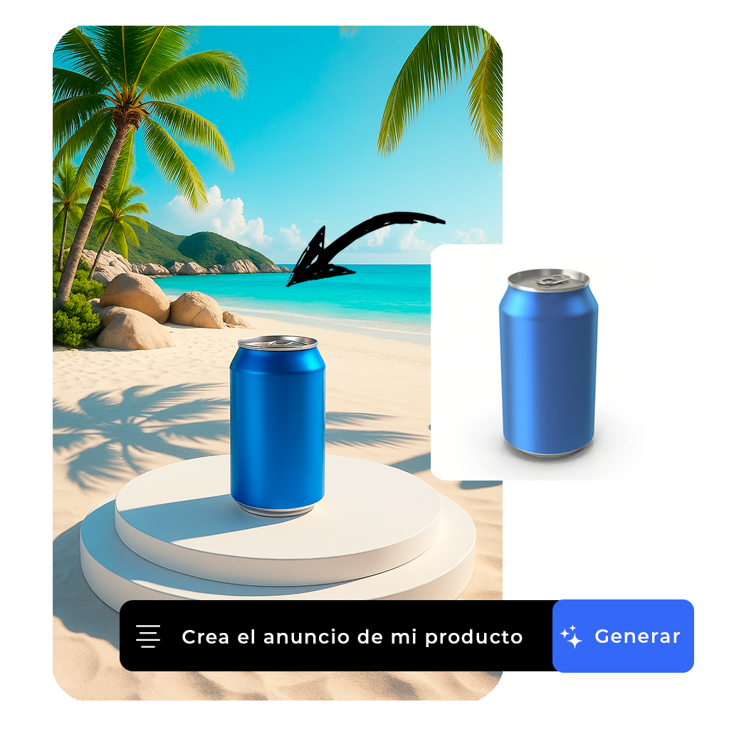 De foto de lata sobre fondo blanco a anuncio lifestyle en la playa; interfaz de Mixreal con «Crea el anuncio de mi producto» y botón «Generar».