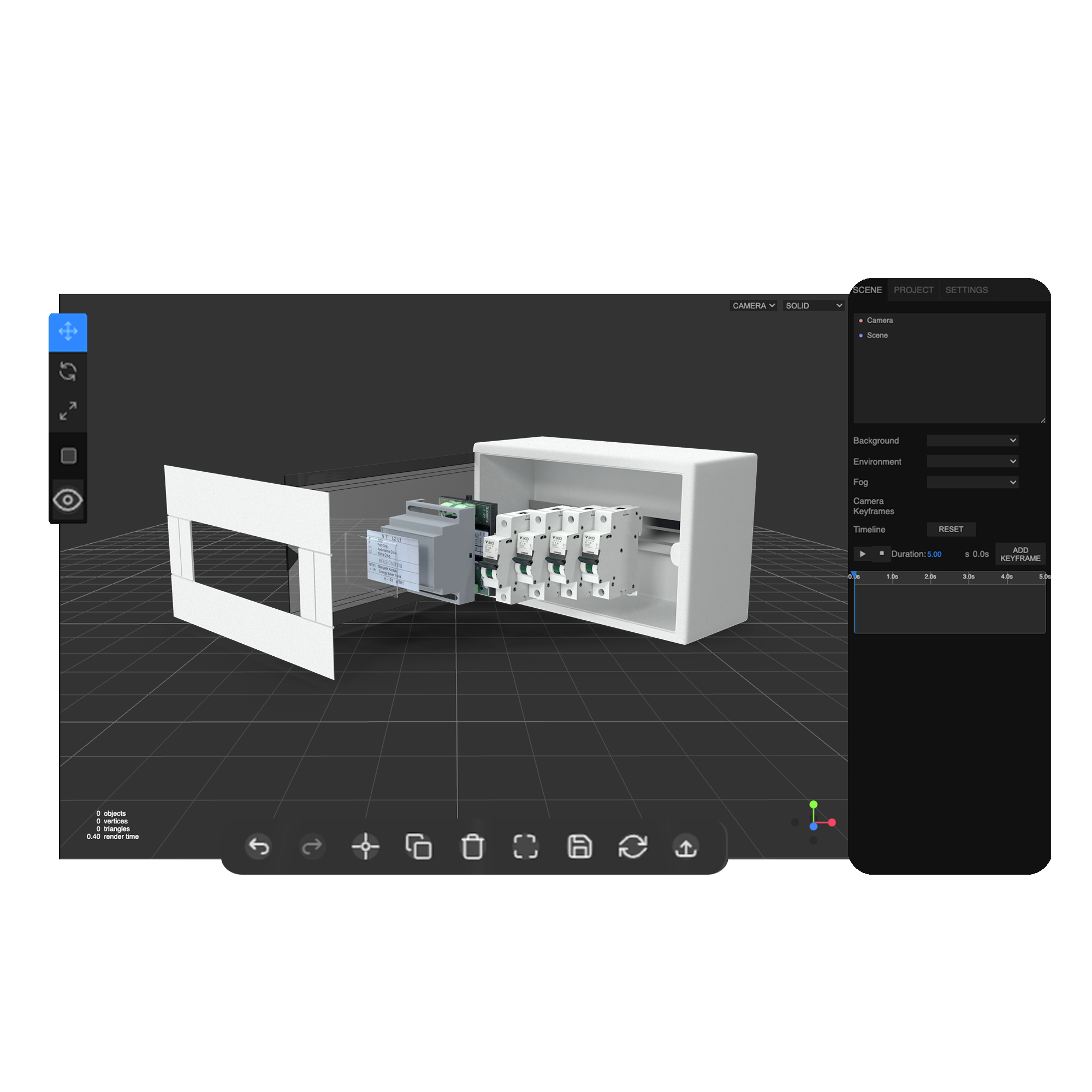 Editor 3D de Mixreal con despiece de cuadro eléctrico; vista explotada, panel de ajustes y línea de tiempo.