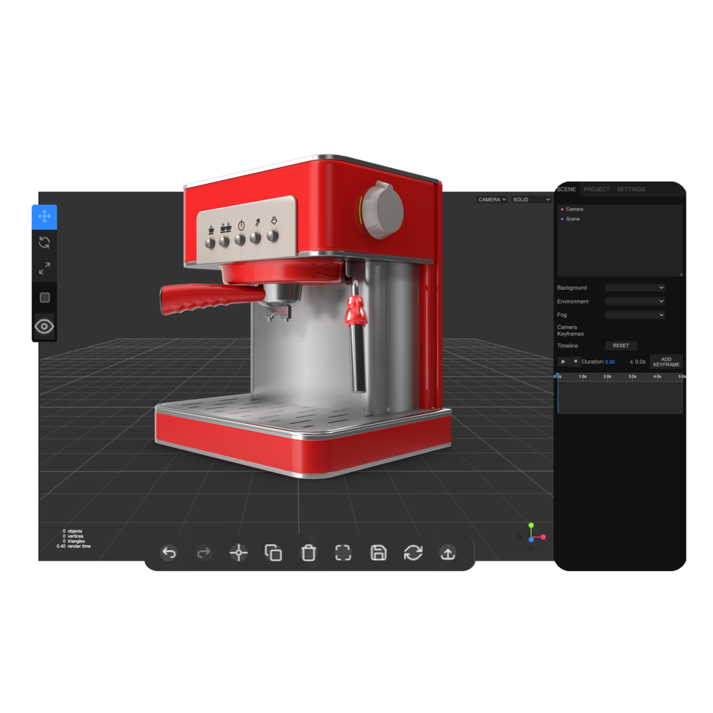 Editor 3D de Mixreal con modelo de cafetera espresso roja; vista de escena, panel de ajustes y controles de animación.