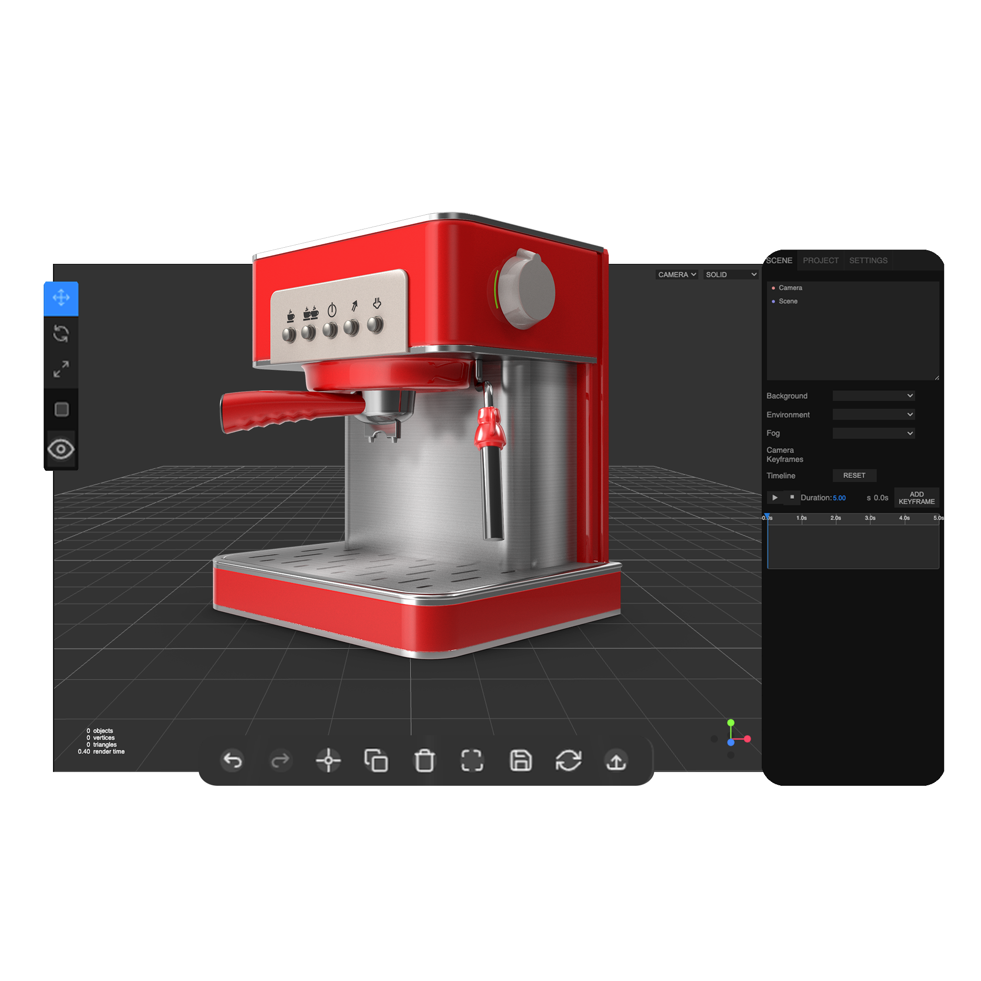 Editor 3D de Mixreal con modelo de cafetera espresso roja; vista de escena, panel de ajustes y controles de animación.