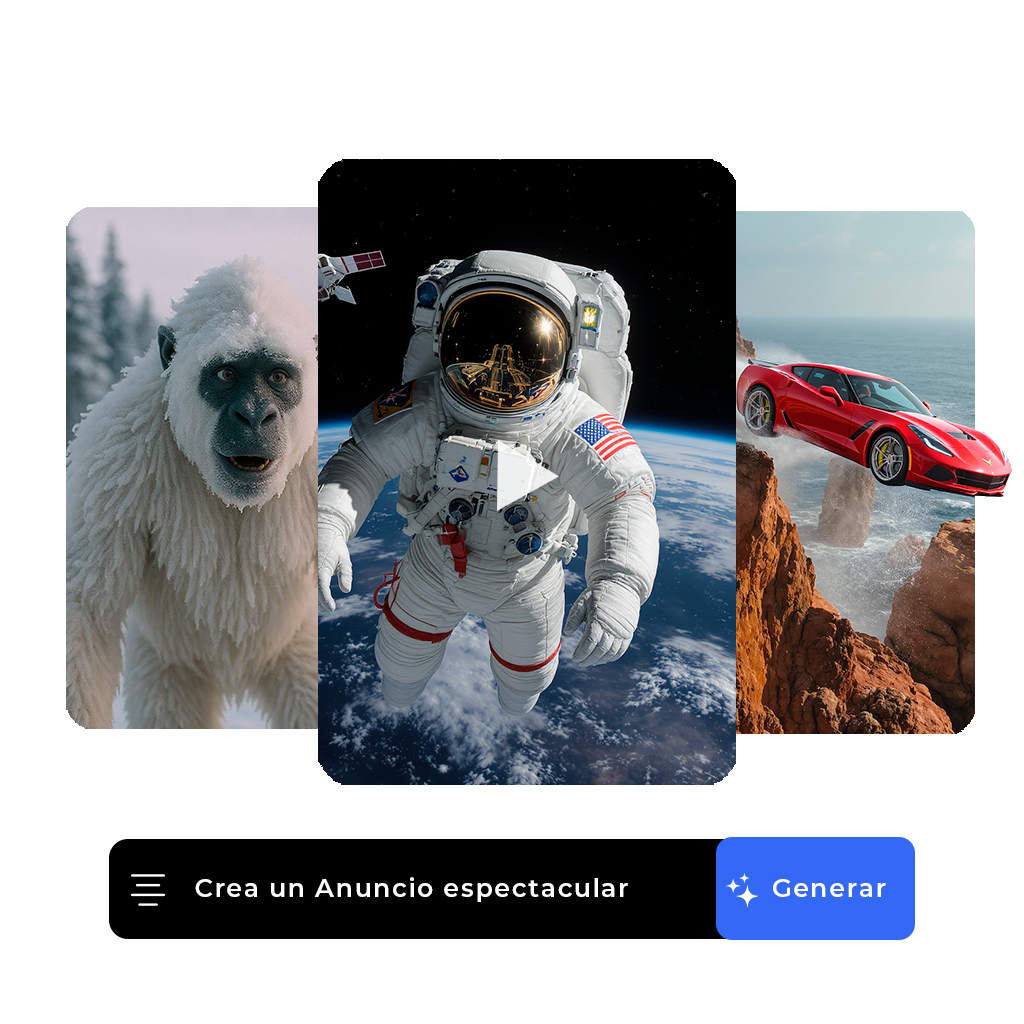 Interfaz de Mixreal para crear videos con IA; astronauta al centro, coche deportivo y criatura ártica; barra de acción y botón «Generate»..