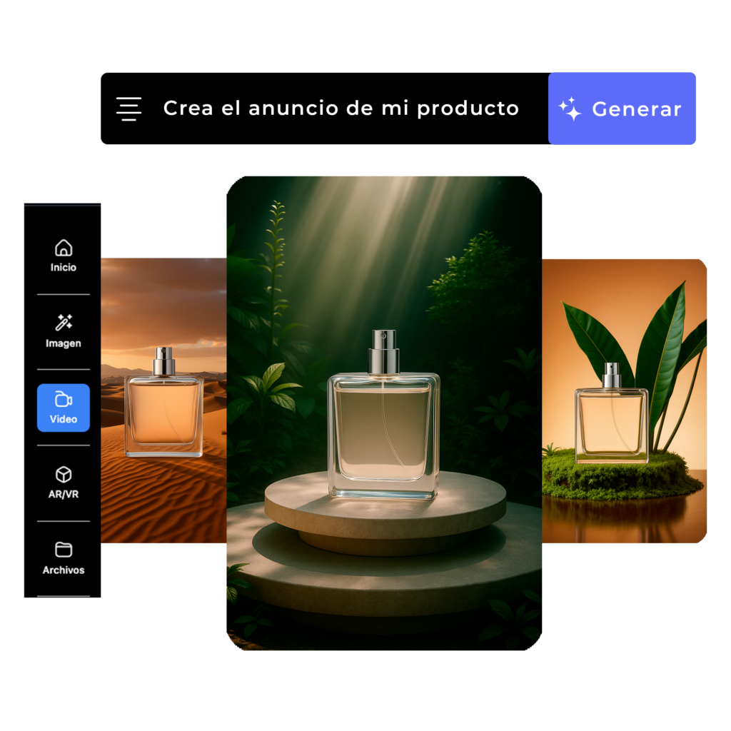 Convierte una foto en vídeo con IA: frasco de perfume en set natural con hojas, flecha desde foto de catálogo; interfaz de Mixreal con «De imagen a vídeo» y botón «Generar».