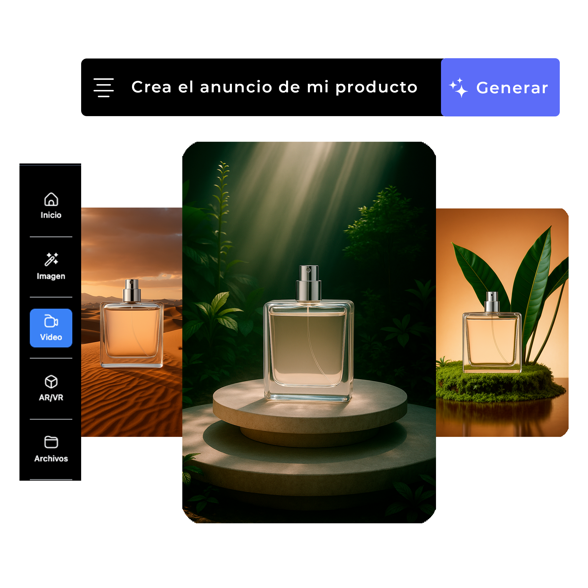 Convierte una foto en vídeo con IA: frasco de perfume en set natural con hojas, flecha desde foto de catálogo; interfaz de Mixreal con «De imagen a vídeo» y botón «Generar».