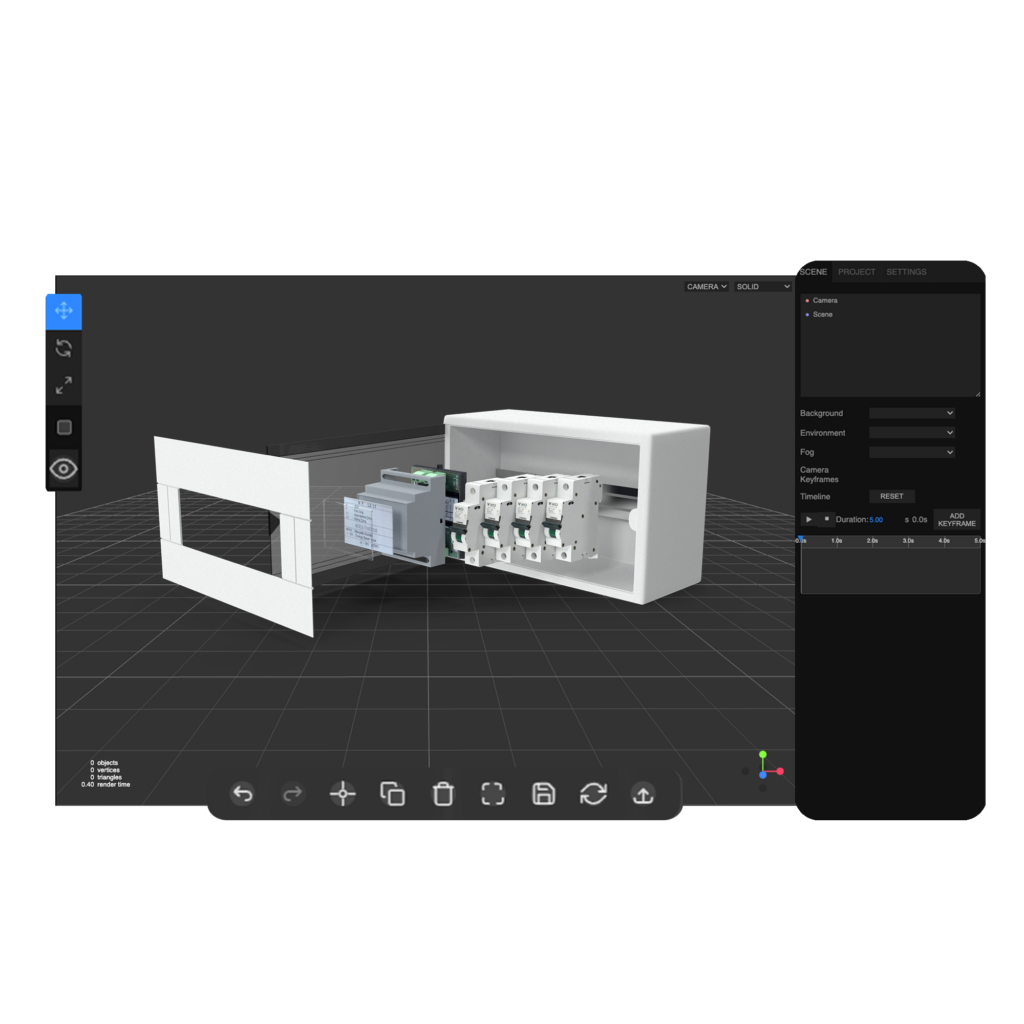 Editor 3D de Mixreal con despiece de cuadro eléctrico; vista explotada, panel de ajustes y línea de tiempo.