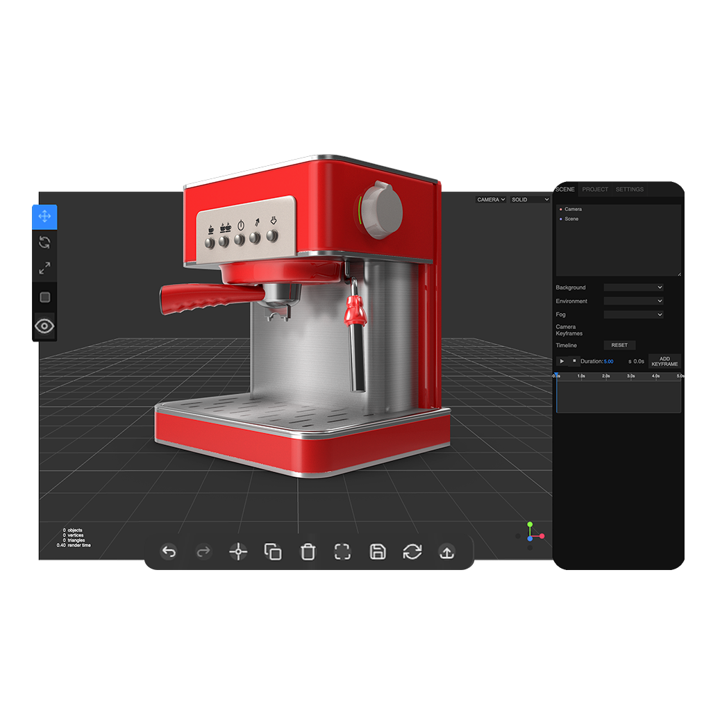 Editor 3D de Mixreal con modelo de cafetera espresso roja; vista de escena, panel de ajustes y controles de animación.