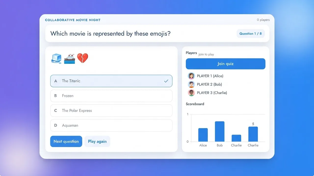 Emoji Movie Quiz artifact on a MockFlow board