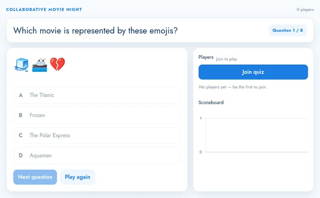 Emoji Movie Quiz artifact on a MockFlow board