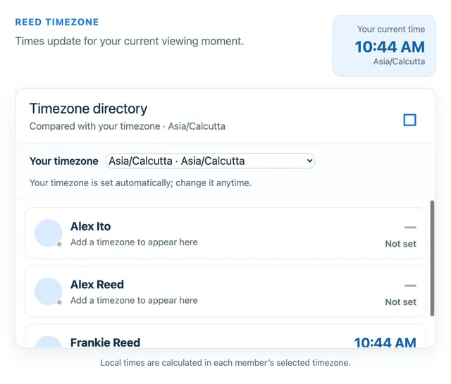 Team Timezone Directory artifact on a MockFlow board