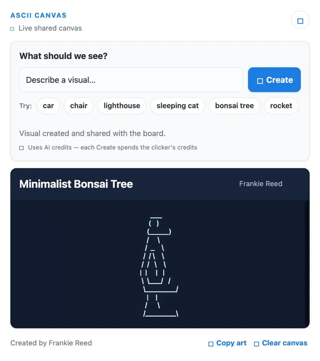 ASCII Canvas artifact on a MockFlow board
