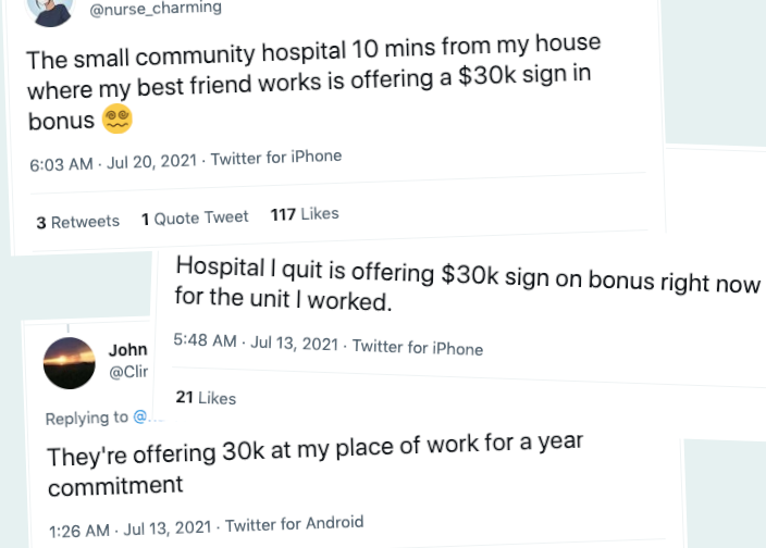 Nurses tweet about bonuses: three examples