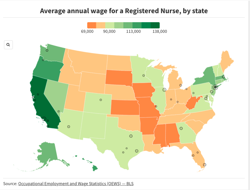Map: Average annual Registered Nurse wage by state (2023)