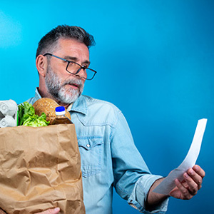 Image of an older man looking at grocery receipt