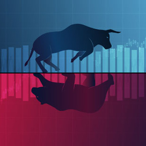 Image of a bull market vs. bear market concept
