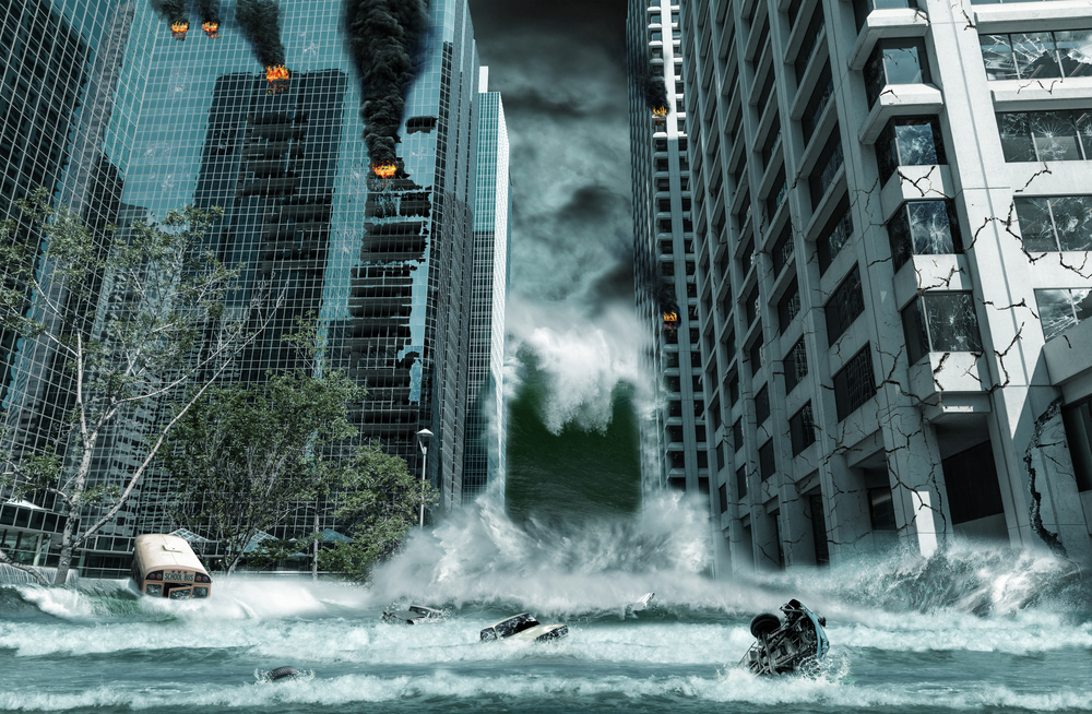 A cinematic portrayal of a city destroyed by Tsunami waves.