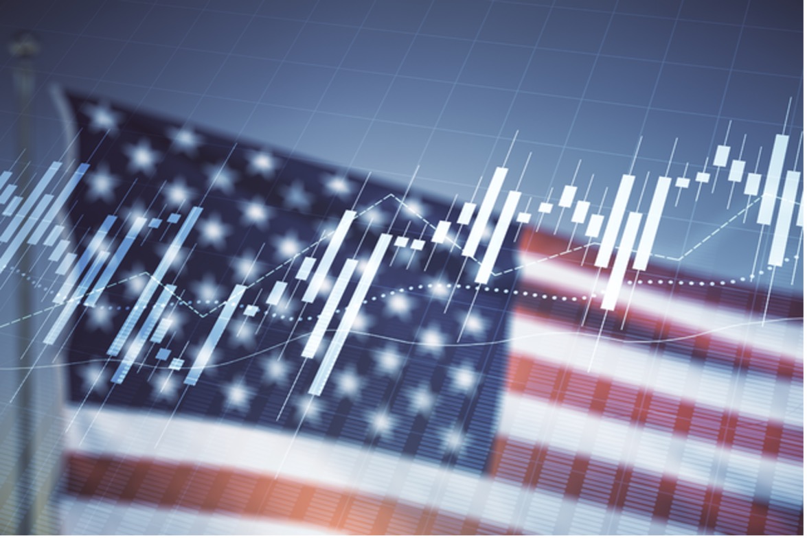 US Flag Behind Volume Chart
