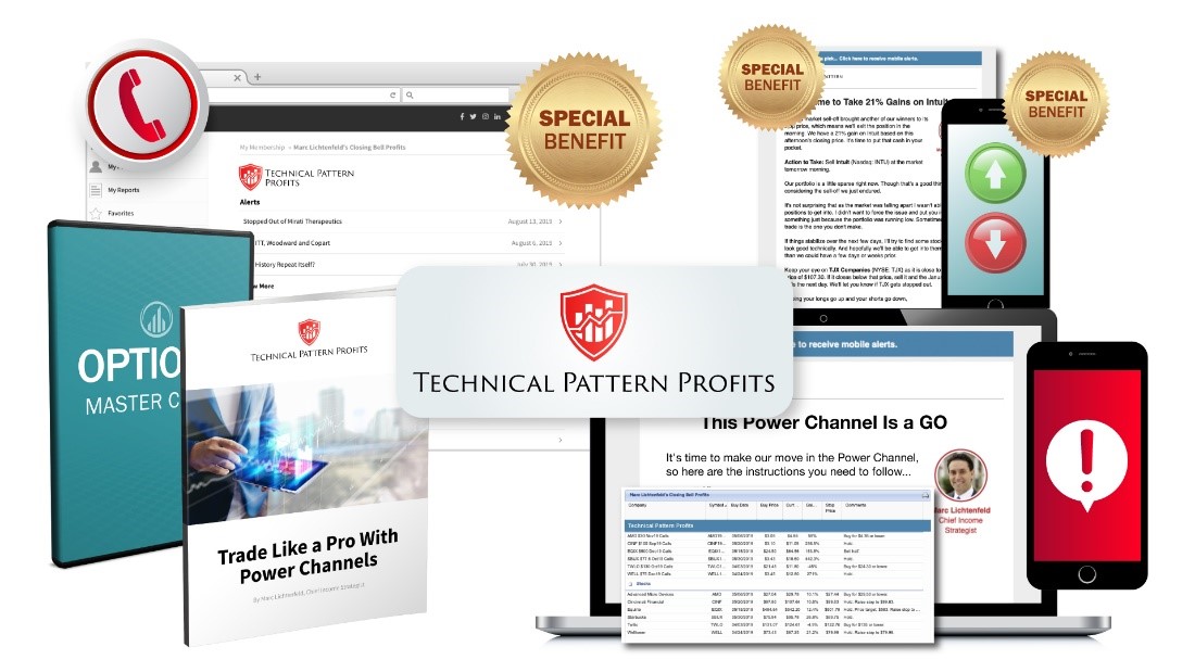 Bundle of reports and services included in your Technical Pattern Profits subscription, including trade alert, portfolio updates, recommendations, emails, a direct phone question line, trading masterclass videos, sell signal alerts, Friday forecasts, and access to the Technical Pattern Profits website