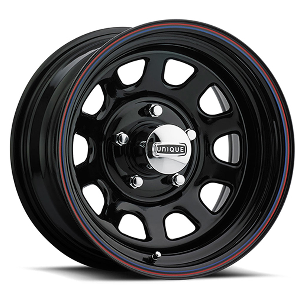 Unique Wheels 42 D Window Gloss Black w/Red and Blue Stripes Rim