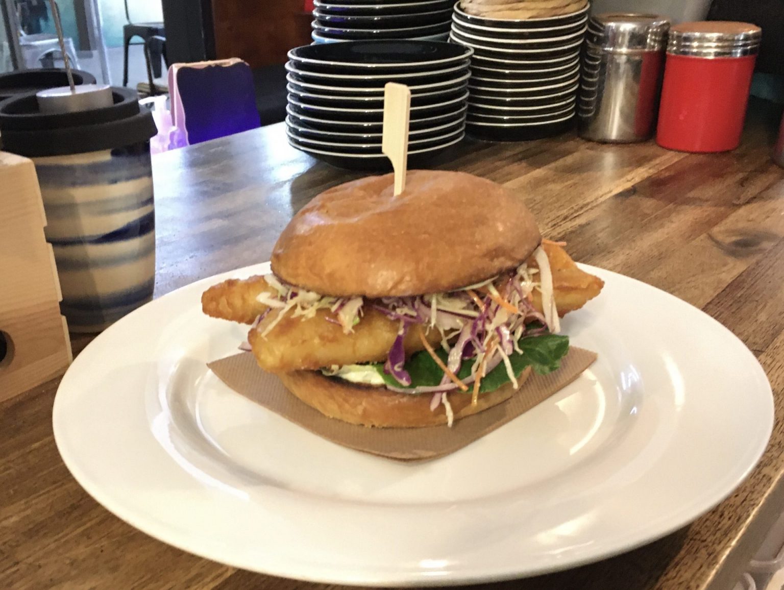 Beer battered flathead burger Potter's Pantry Cafe