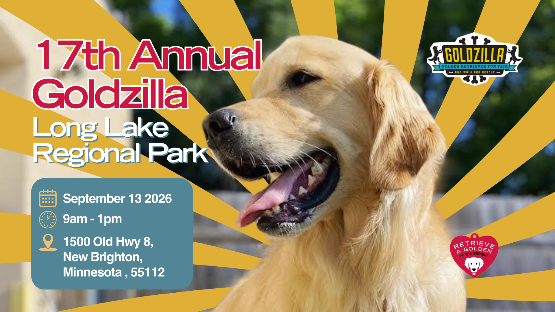 A smiling golden retriever appears beside an event graphic for the ‘17th Annual Goldzilla’ at Long Lake Regional Park, dated September 13, 2026