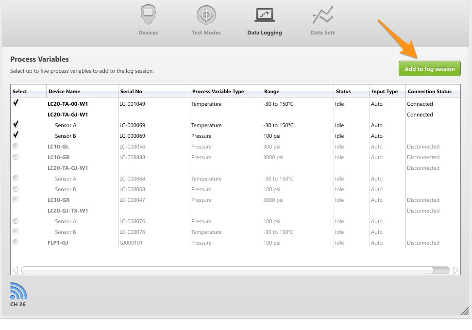 Add selected process variables to log session