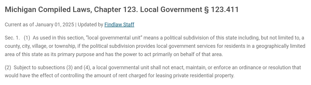 Screenshot of MCL 123.411 showing Michigan's ban on local rent-control ordinances for private residential property.