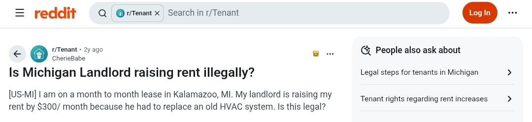 Reddit r/Tenant screenshot of a Michigan renter asking whether a $300 monthly rent increase after an HVAC replacement is legal.