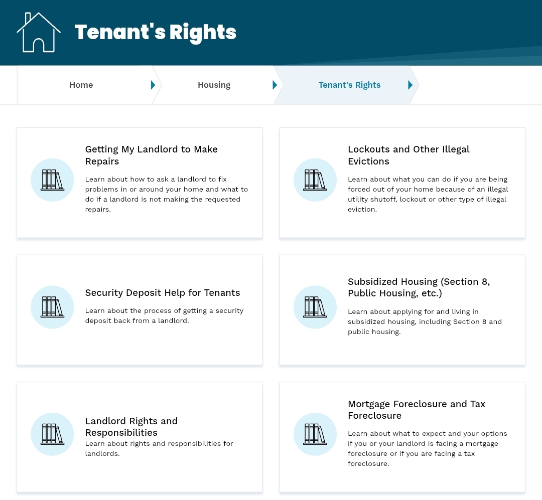 Michigan Legal Help Tenant's Rights page showing links for repairs, evictions, security deposits, subsidized housing, and landlord rights.