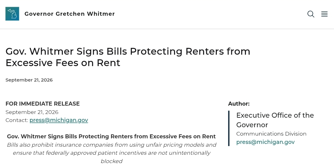 Screenshot of Gov. Whitmer's September 21, 2026 release announcing the rent-payment fee law and other bills.