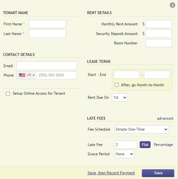RentPost tenant and rent-details form showing lease dates, payment due date, and late-fee settings.