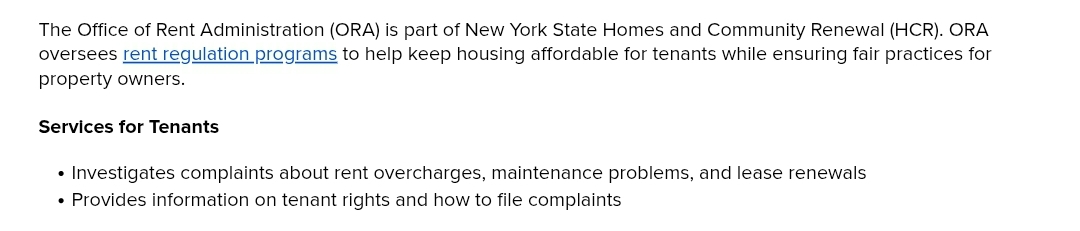 Screenshot of HCR’s Office of Rent Administration tenant services, including rent-overcharge complaints and lease-renewal help.