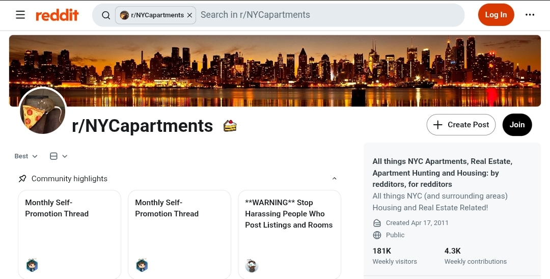 Reddit page for r/NYCapartments, an NYC apartment and housing community.