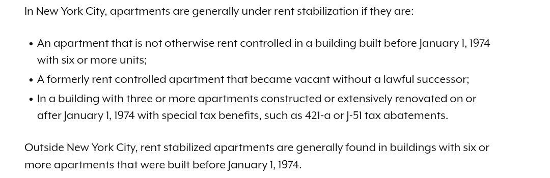 Screenshot listing New York City rent-stabilized apartment criteria, including building age and unit count.