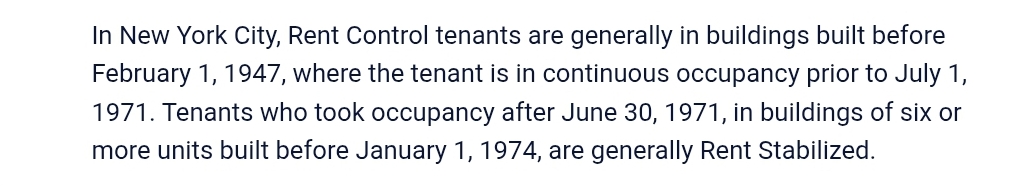 Screenshot describing NYC rent-control eligibility based on building age and continuous occupancy.