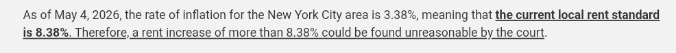 Screenshot stating NYC’s 8.38% local rent standard as of May 4, 2026.