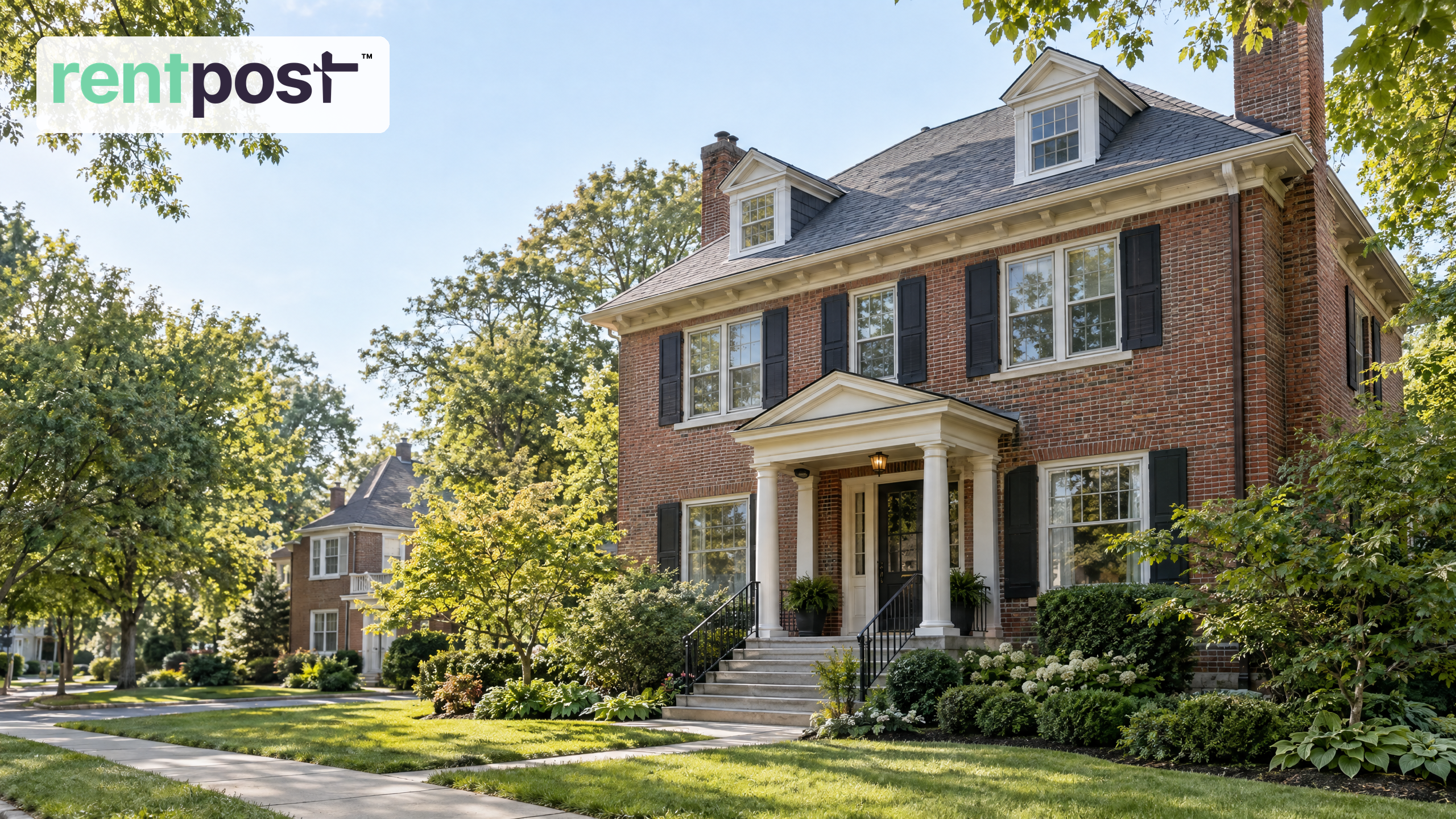 Pennsylvania brick rental home on a tree-lined street with the RentPost logo at the top left.