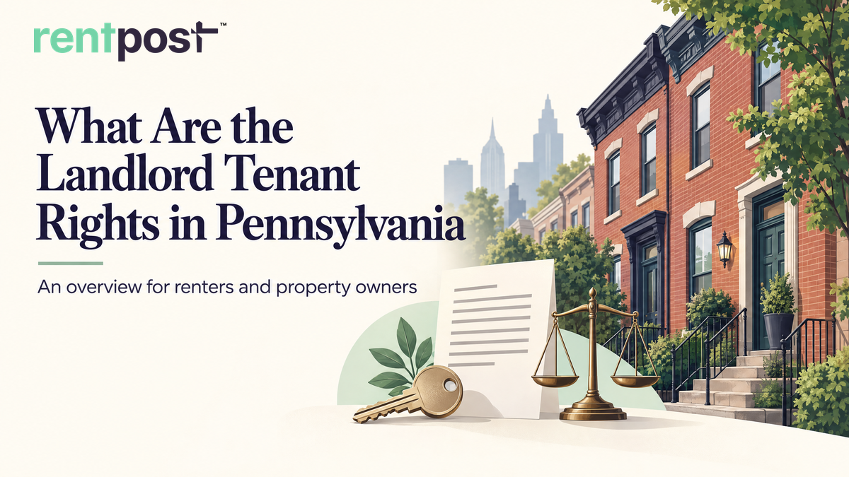 RentPost logo above an editorial illustration of a Philadelphia-style rental row house, lease document, house key, and balance scale.