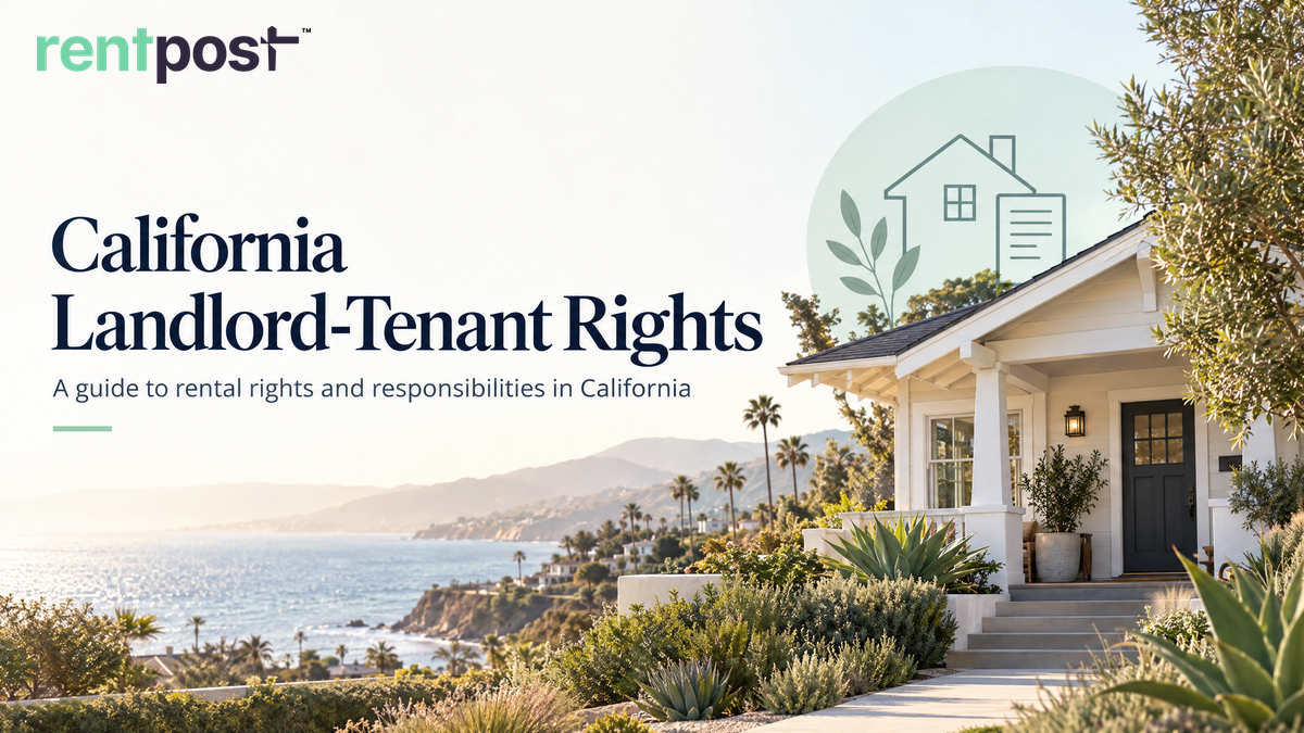 California coastal rental house with the heading “California Landlord-Tenant Rights” and rental-rights guide subtitle.