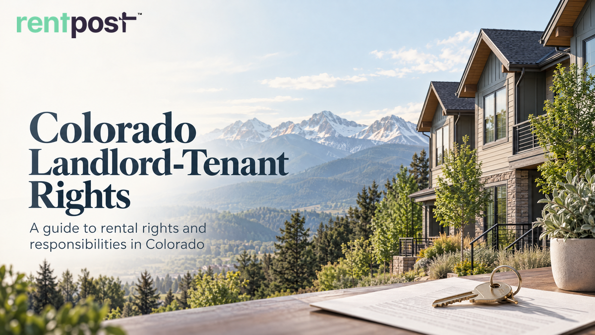 Colorado rental home beneath the Rocky Mountains, with the heading “Colorado Landlord-Tenant Rights” and guide subtitle.