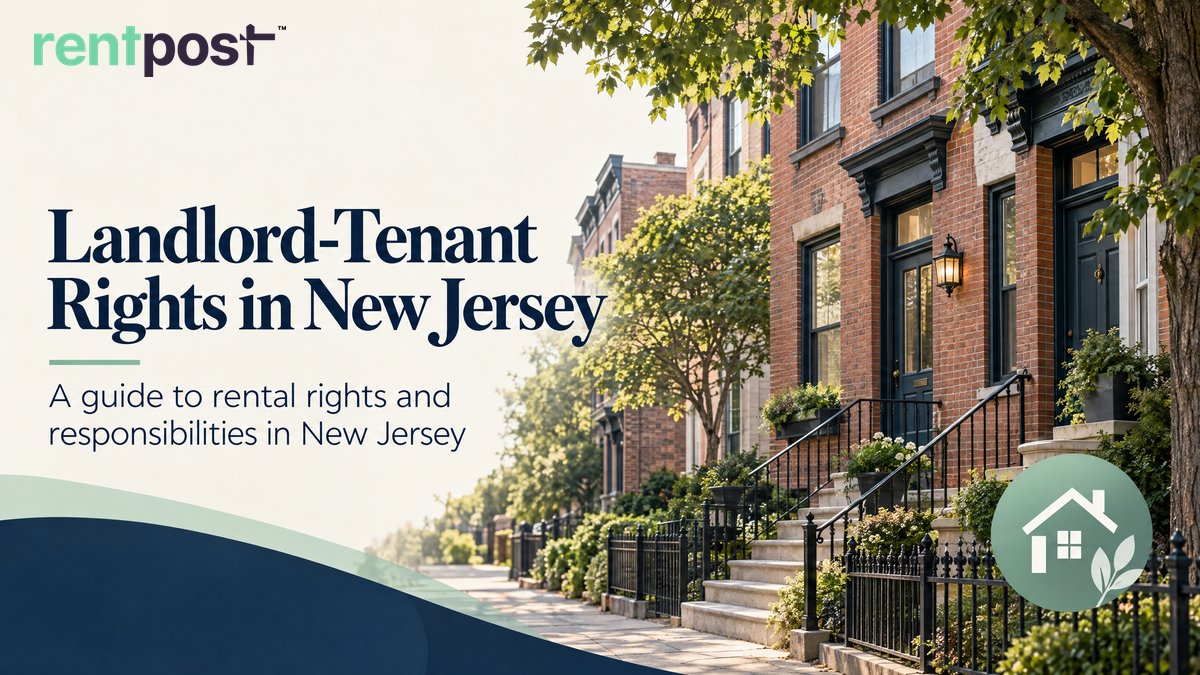 New Jersey brick townhouses beside the heading “Landlord-Tenant Rights in New Jersey” and rental-rights guide subtitle.