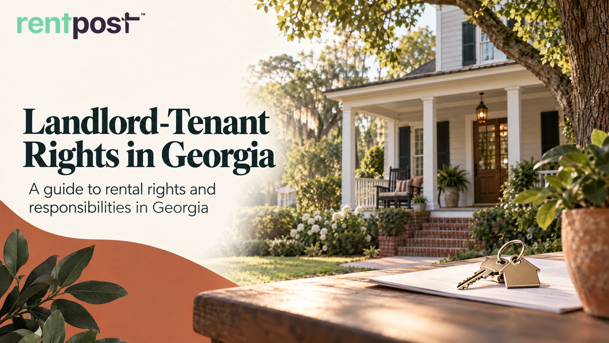 Georgia rental home with a shaded front porch, beside the heading “Landlord-Tenant Rights in Georgia” and guide subtitle.